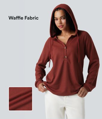 Hooded Henley Long Sleeve Waffle Casual Top