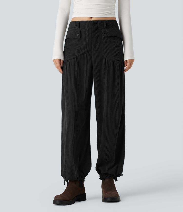 Mid Rise Wide Leg Corduroy Casual Pants with Pockets