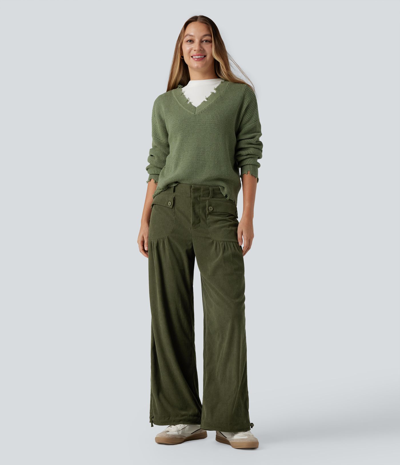 Mid Rise Wide Leg Corduroy Casual Pants with Pockets