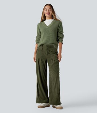 Mid Rise Wide Leg Corduroy Casual Pants with Pockets