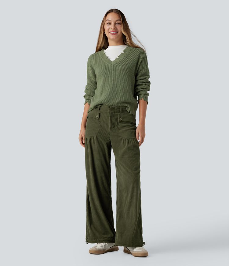 Mid Rise Wide Leg Corduroy Casual Pants with Pockets