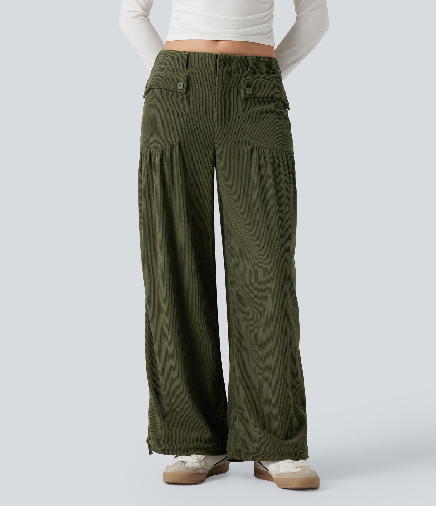 Mid Rise Wide Leg Corduroy Casual Pants with Pockets
