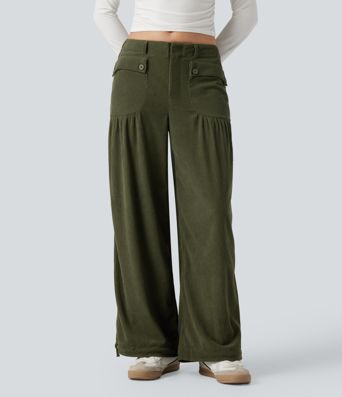 Mid Rise Wide Leg Corduroy Casual Pants with Pockets