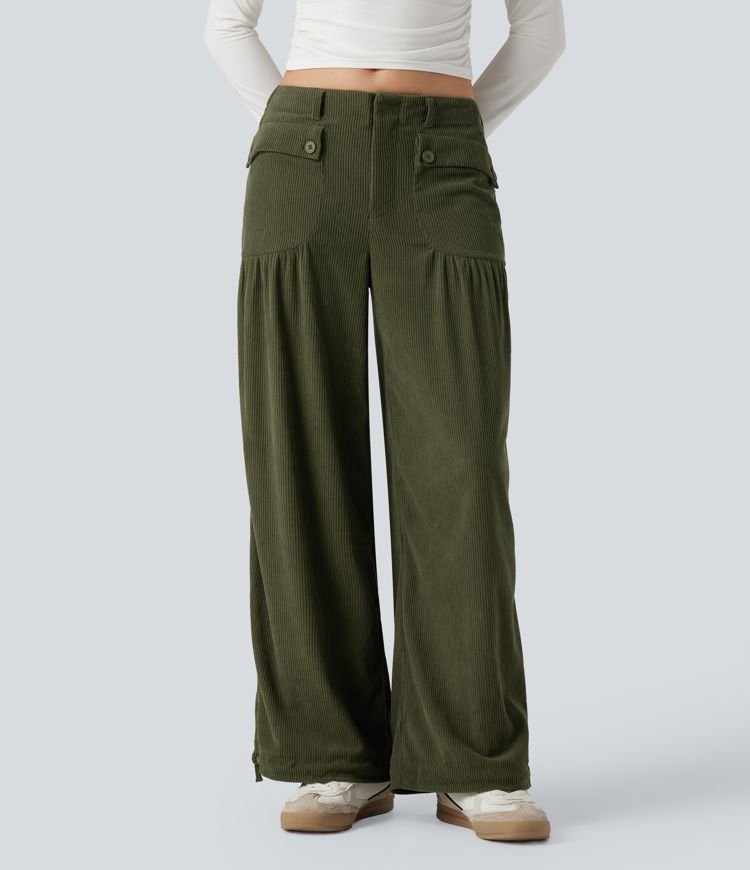 Mid Rise Wide Leg Corduroy Casual Pants with Pockets
