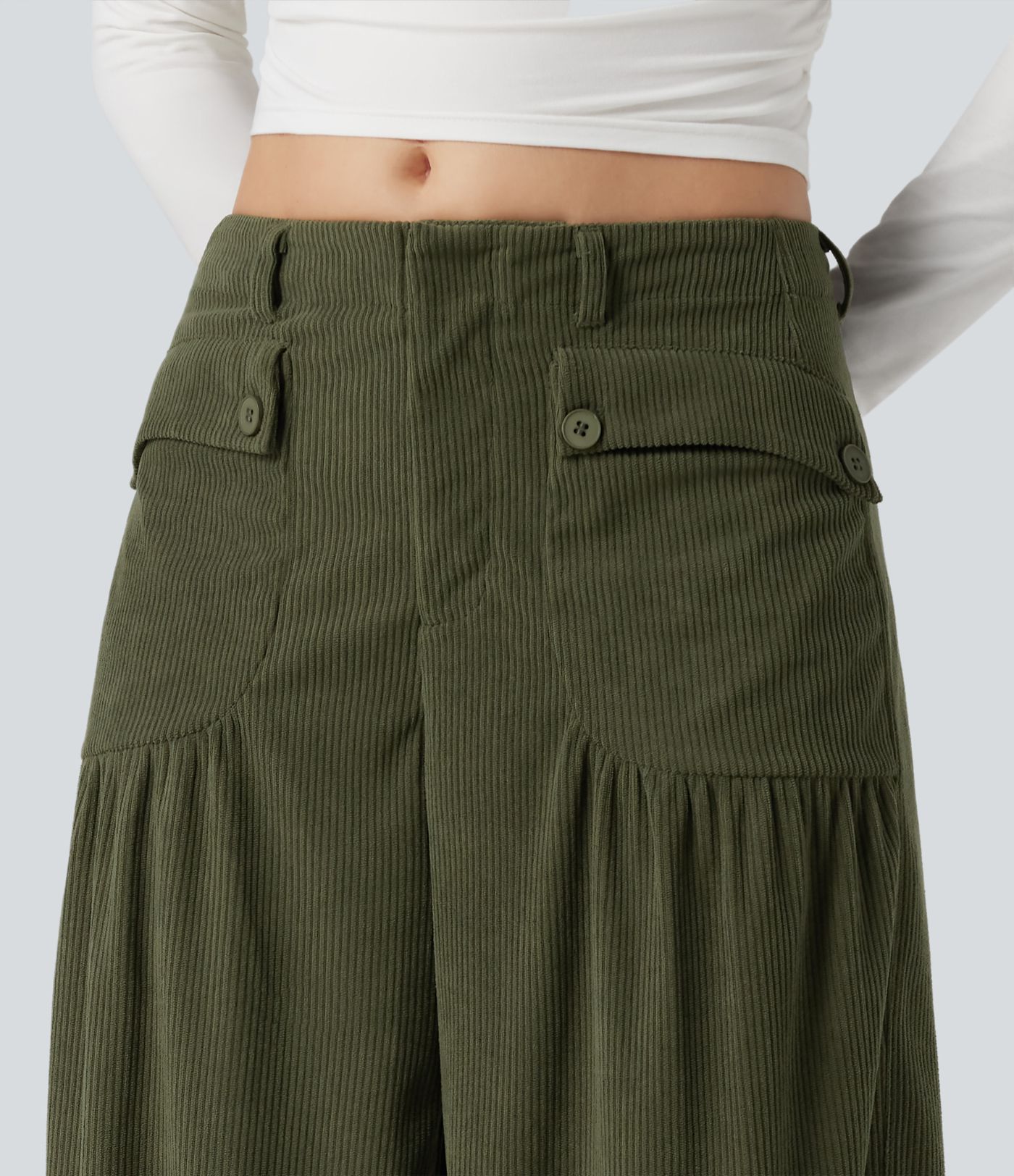 Mid Rise Wide Leg Corduroy Casual Pants with Pockets