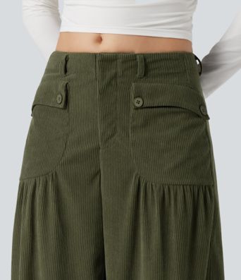 Mid Rise Wide Leg Corduroy Casual Pants with Pockets