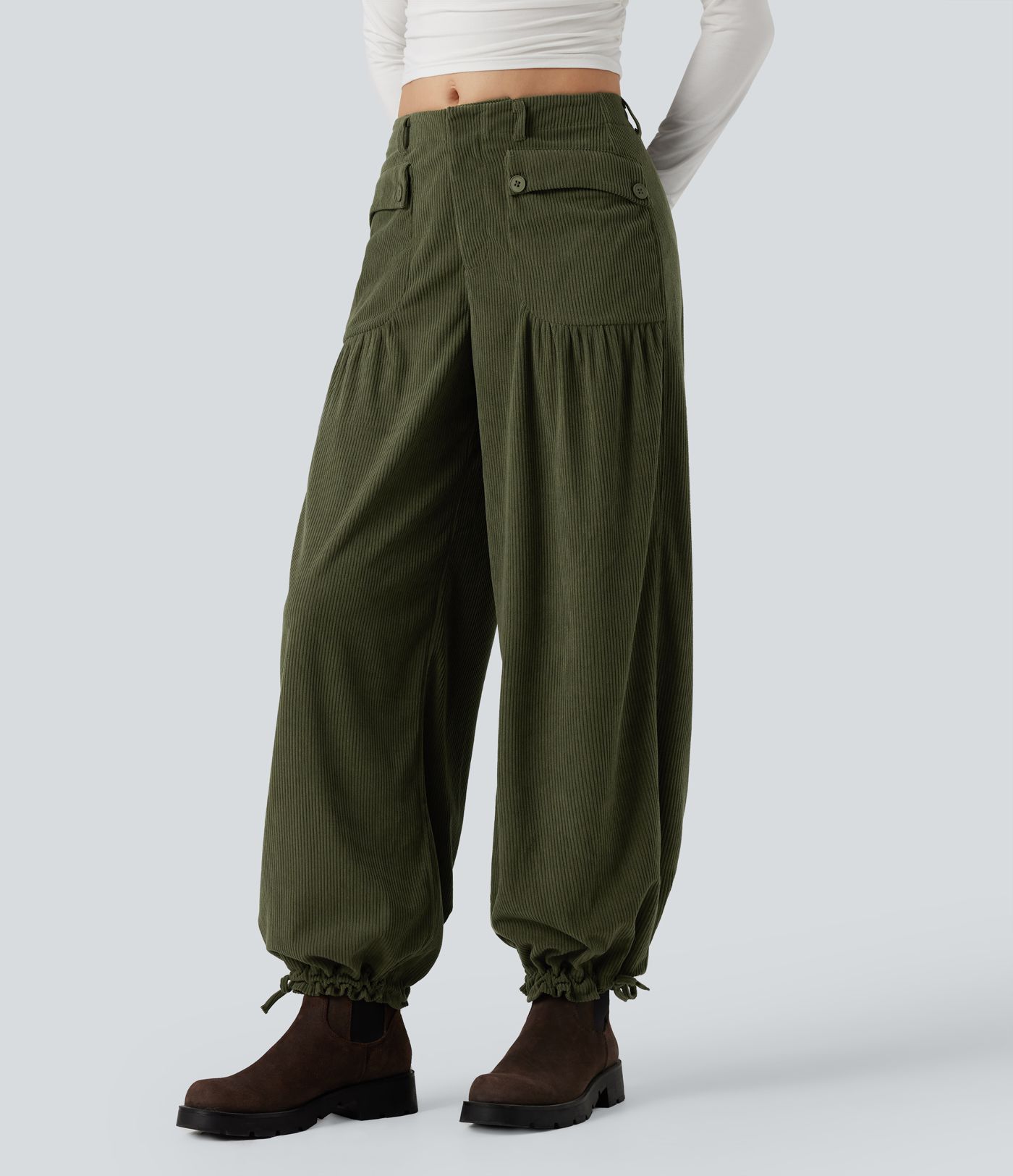 Mid Rise Wide Leg Corduroy Casual Pants with Pockets