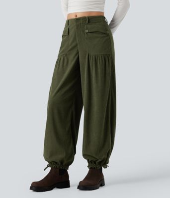 Mid Rise Wide Leg Corduroy Casual Pants with Pockets