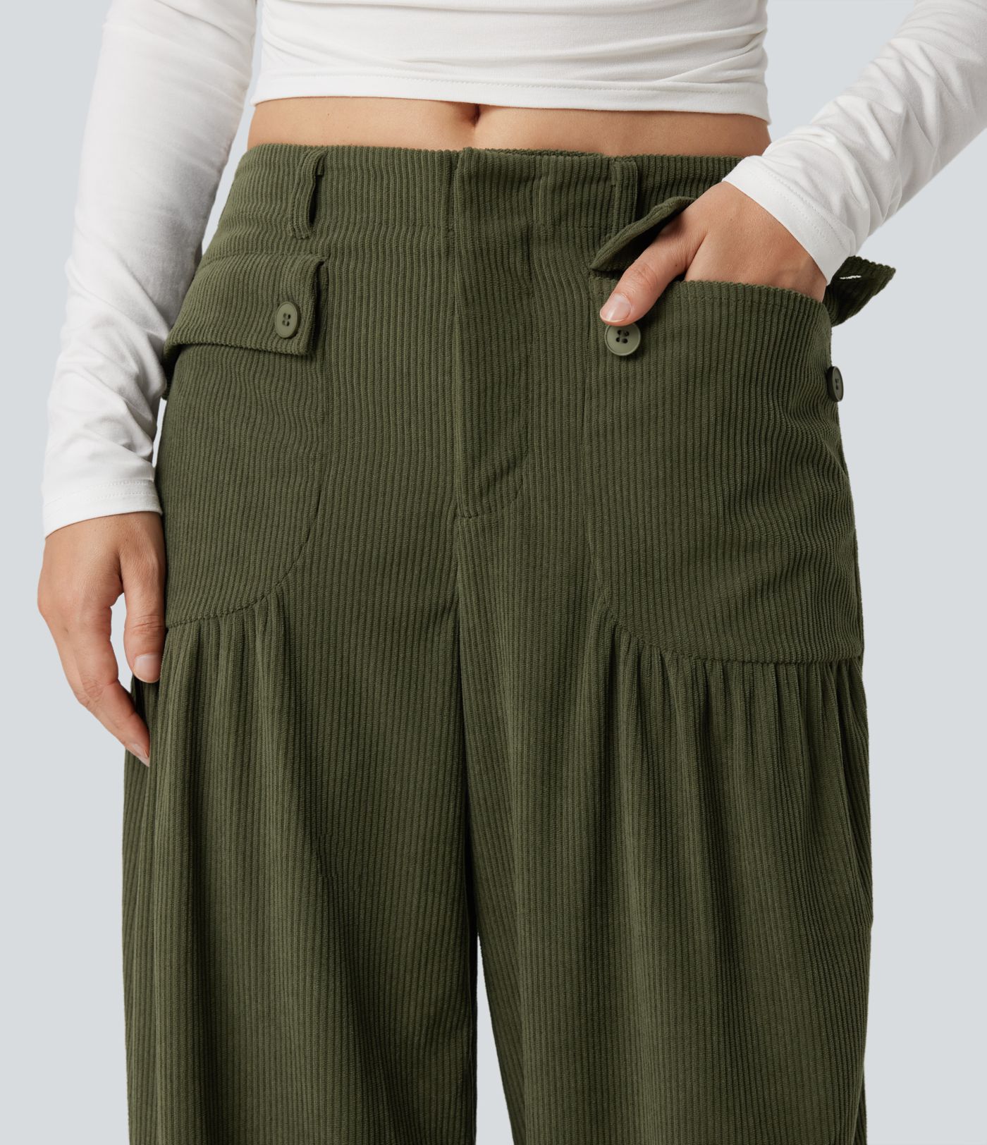 Mid Rise Wide Leg Corduroy Casual Pants with Pockets