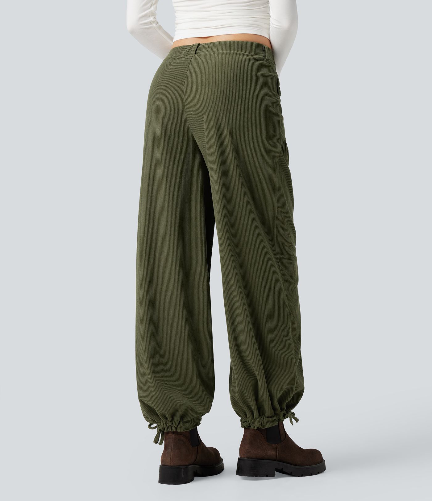 Mid Rise Wide Leg Corduroy Casual Pants with Pockets
