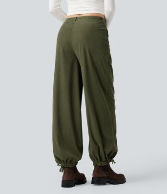 Mid Rise Wide Leg Corduroy Casual Pants with Pockets
