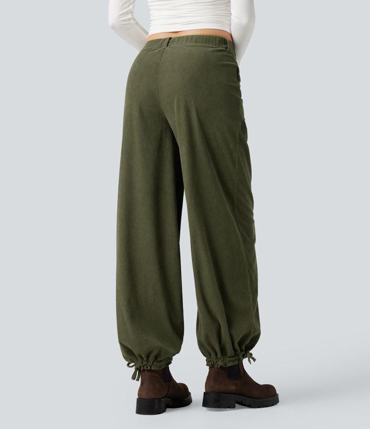 Mid Rise Wide Leg Corduroy Casual Pants with Pockets