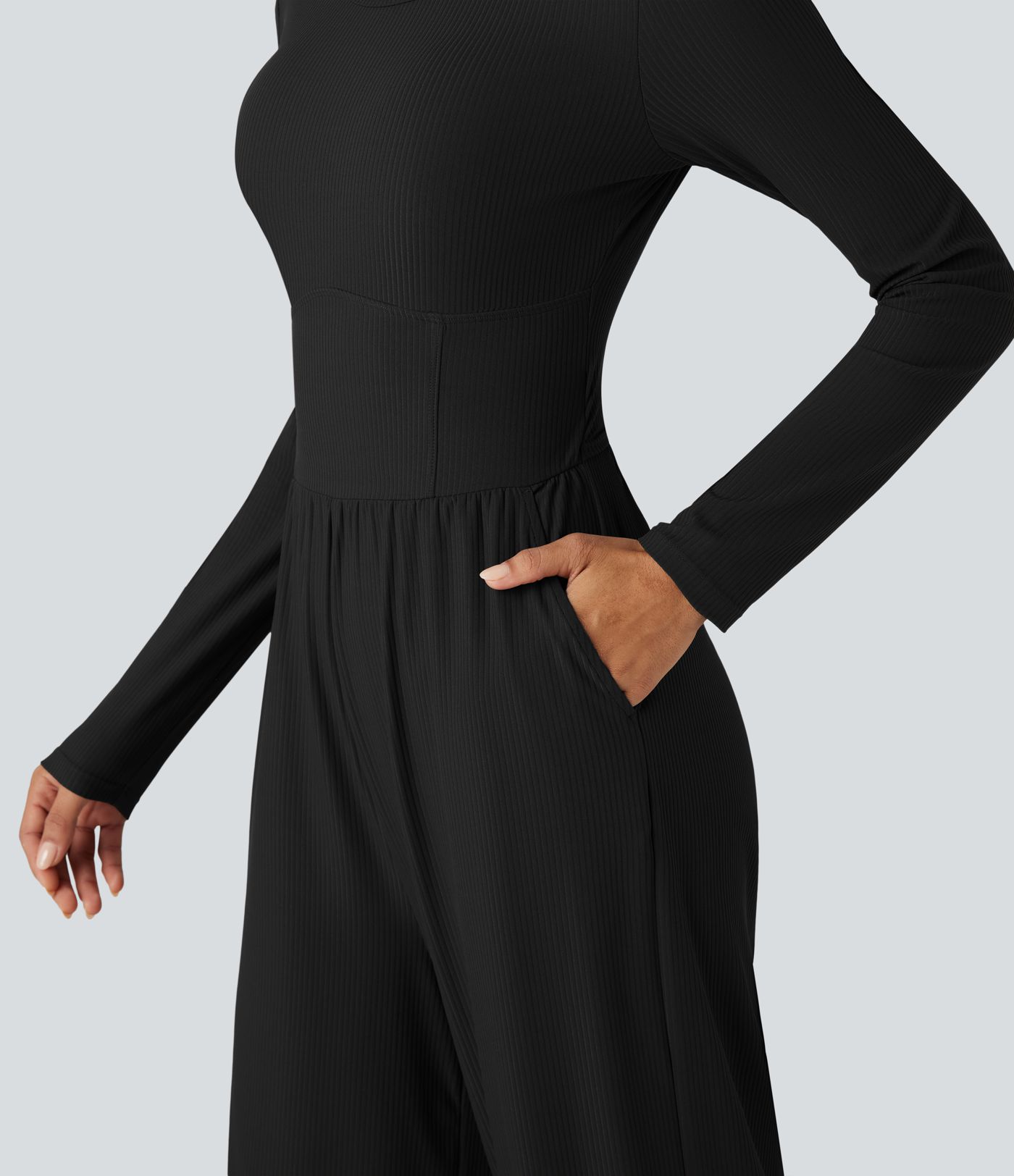 Fitilli, yuvarlak yakalı, uzun kollu, korseli, cepli günlük tulum — Easy Peezy edisyonu