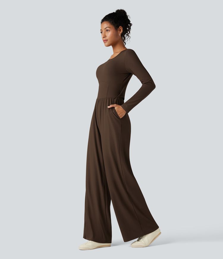 Ribbed Round Neck Long Sleeve Corset Casual Jumpsuit with Pockets-Easy Peezy Edition