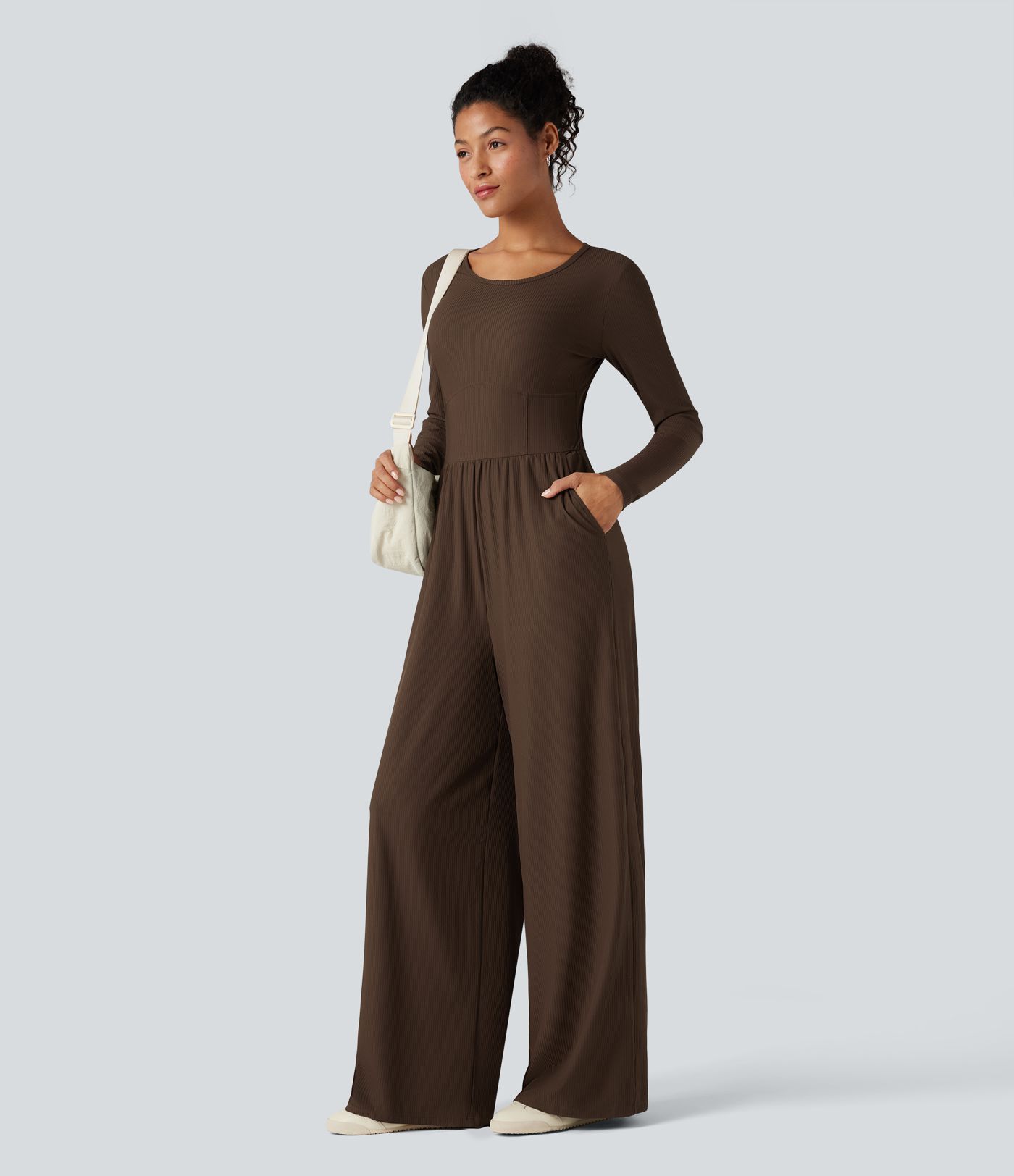 Ribbed Round Neck Long Sleeve Corset Casual Jumpsuit with Pockets-Easy Peezy Edition