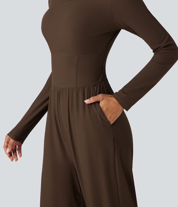 Ribbed Round Neck Long Sleeve Corset Casual Jumpsuit with Pockets-Easy Peezy Edition