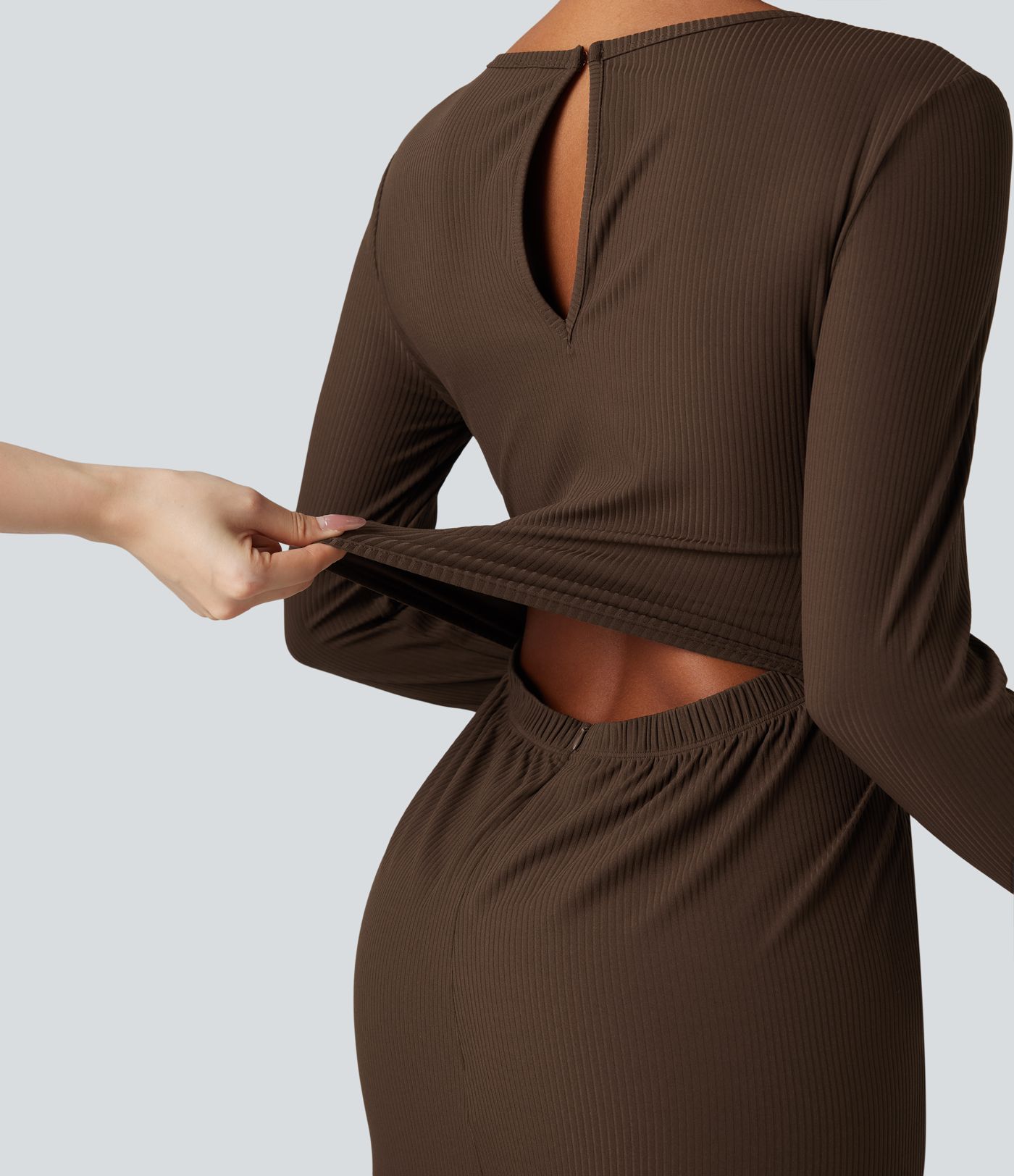 Ribbed Round Neck Long Sleeve Corset Casual Jumpsuit with Pockets-Easy Peezy Edition