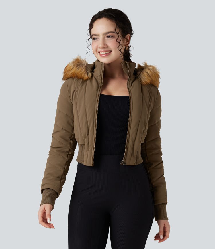 Removable Faux Fur Trim Hooded Long Sleeve Casual Padded Jacket