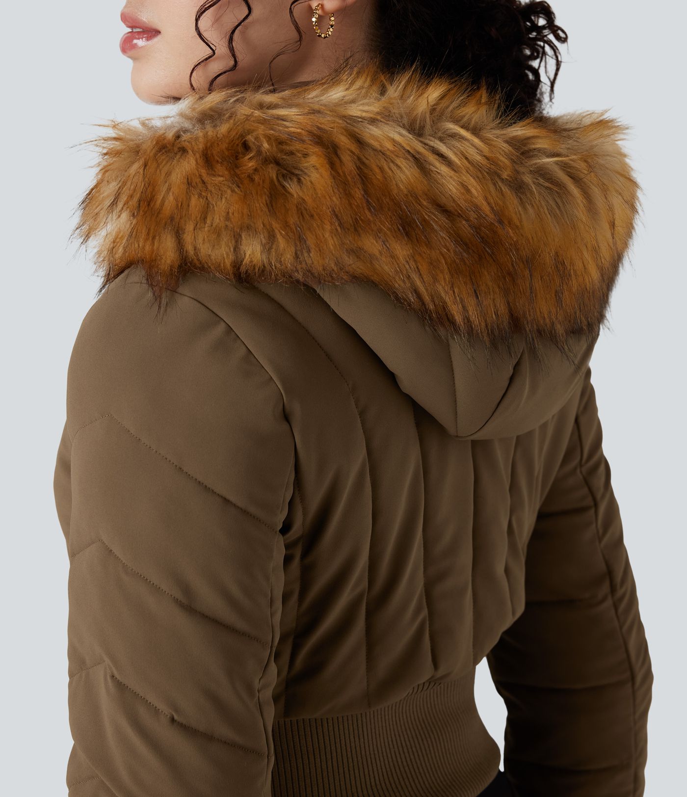 PuffFlex Removable Faux Fur Trim Hooded Long Sleeve Casual Padded Jacket