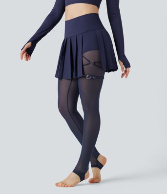 Breezeful™ Høyt liv Plissert 2-i-1 Kontrast Mesh Hurtigtørkende Dans Stigbøyle Skjørt Leggings med Lommer