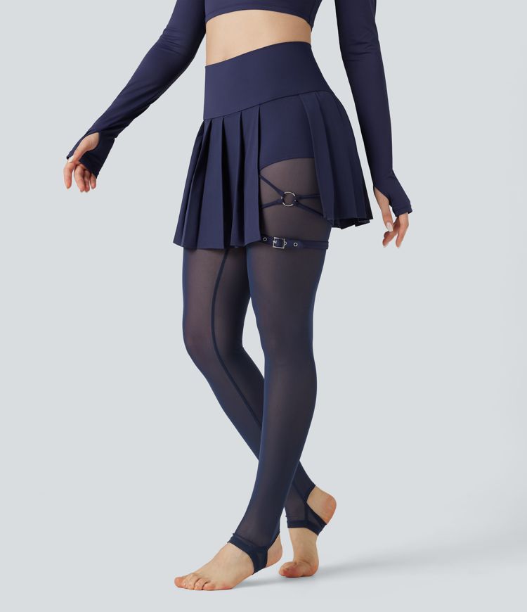 Breezeful™ Høyt liv Plissert 2-i-1 Kontrast Mesh Hurtigtørkende Dans Stigbøyle Skjørt Leggings med Lommer
