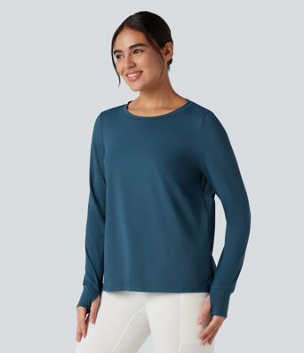 SoftlyZero™ QuickDry Round Neck Long Sleeve Thumb Hole Cut Out Contrast Mesh Yoga Sports Top