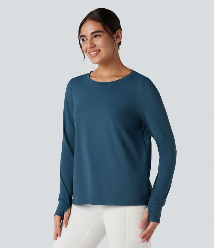 SoftlyZero™ QuickDry Round Neck Long Sleeve Thumb Hole Cut Out Contrast Mesh Yoga Sports Top