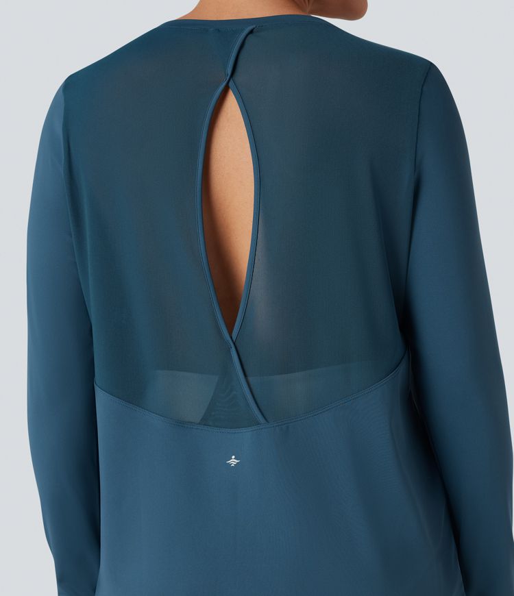 SoftlyZero™ QuickDry Round Neck Long Sleeve Thumb Hole Cut Out Contrast Mesh Yoga Sports Top