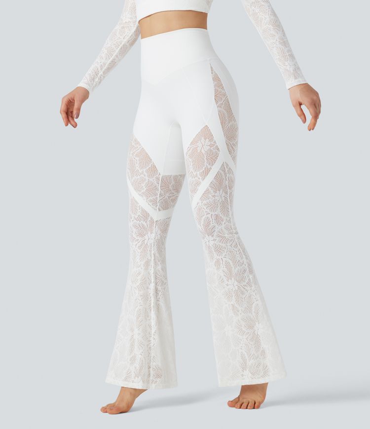 Halara UltraSculpt™ High Waisted Tummy Control Contrast Lace Yoga Flare Leggings with Pocket