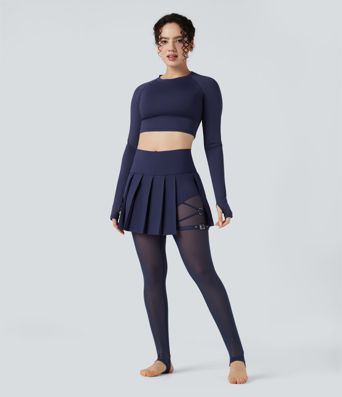 Breezeful™ Høyt liv Plissert 2-i-1 Kontrast Mesh Hurtigtørkende Dans Stigbøyle Skjørt Leggings med Lommer