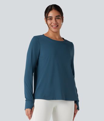 SoftlyZero™ QuickDry Round Neck Long Sleeve Thumb Hole Cut Out Contrast Mesh Yoga Sports Top