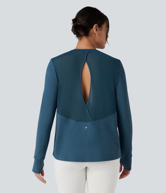 SoftlyZero™ QuickDry Round Neck Long Sleeve Thumb Hole Cut Out Contrast Mesh Yoga Sports Top