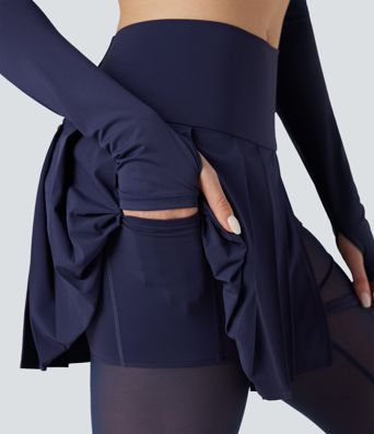Breezeful™ Høyt liv Plissert 2-i-1 Kontrast Mesh Hurtigtørkende Dans Stigbøyle Skjørt Leggings med Lommer