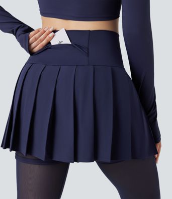 Breezeful™ Høyt liv Plissert 2-i-1 Kontrast Mesh Hurtigtørkende Dans Stigbøyle Skjørt Leggings med Lommer