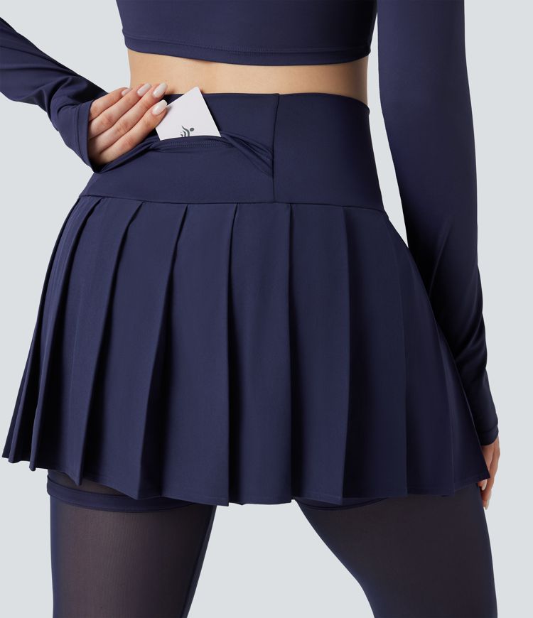 Breezeful™ Høyt liv Plissert 2-i-1 Kontrast Mesh Hurtigtørkende Dans Stigbøyle Skjørt Leggings med Lommer