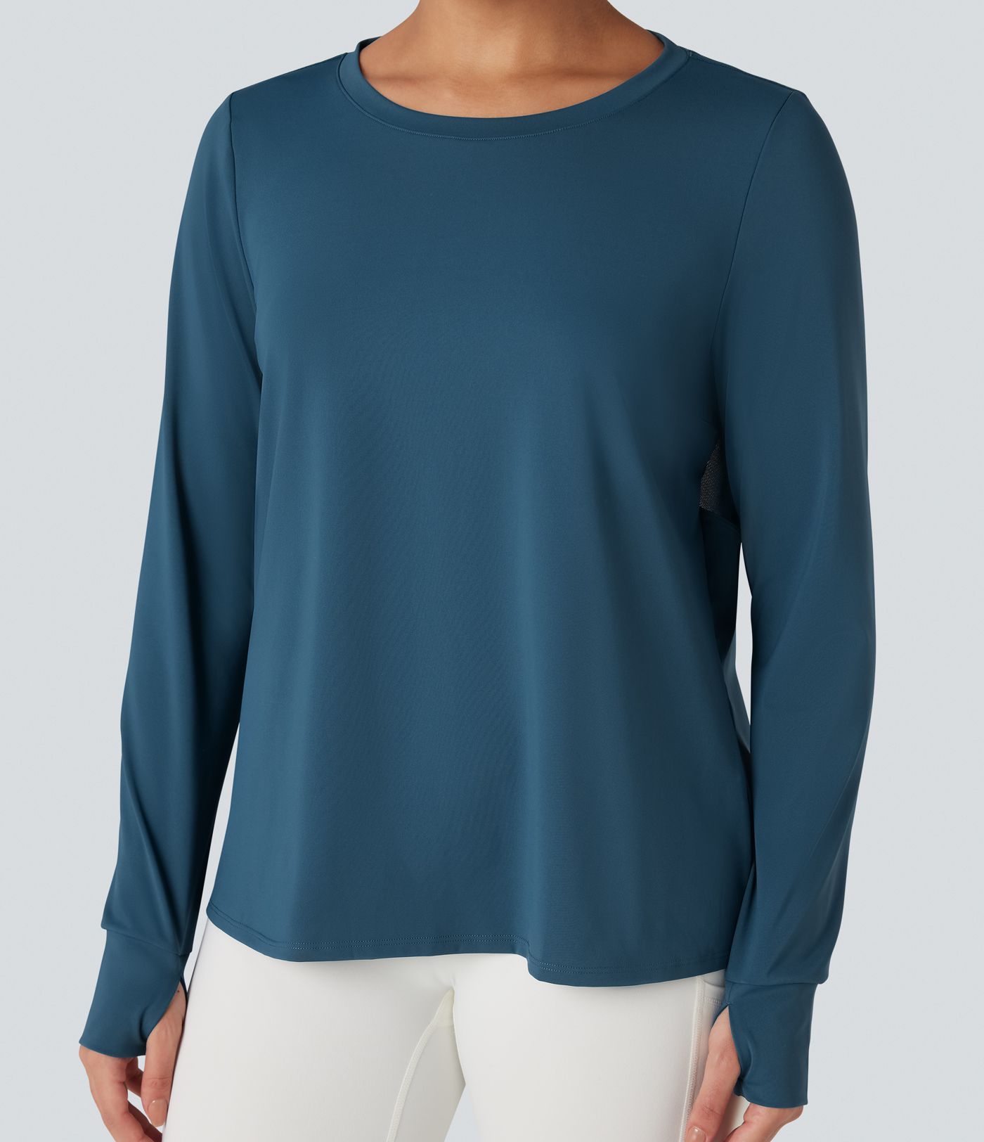 SoftlyZero™ QuickDry Round Neck Long Sleeve Thumb Hole Cut Out Contrast Mesh Yoga Sports Top