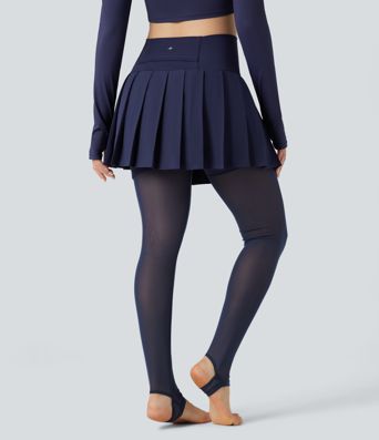 Breezeful™ Høyt liv Plissert 2-i-1 Kontrast Mesh Hurtigtørkende Dans Stigbøyle Skjørt Leggings med Lommer