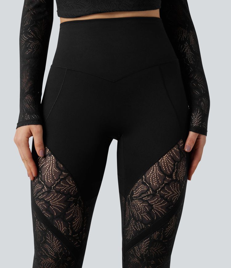 Halara UltraSculpt™ High Waisted Tummy Control Contrast Lace Yoga Flare Leggings with Pocket