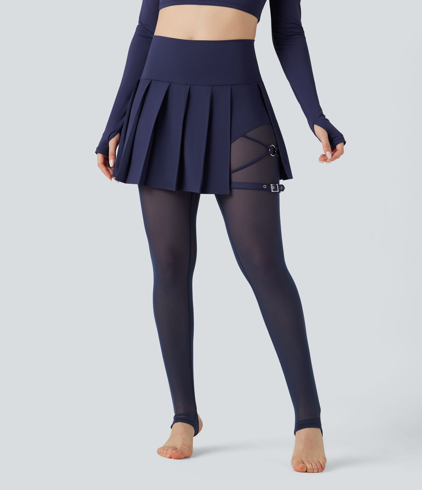 Breezeful™ Høyt liv Plissert 2-i-1 Kontrast Mesh Hurtigtørkende Dans Stigbøyle Skjørt Leggings med Lommer