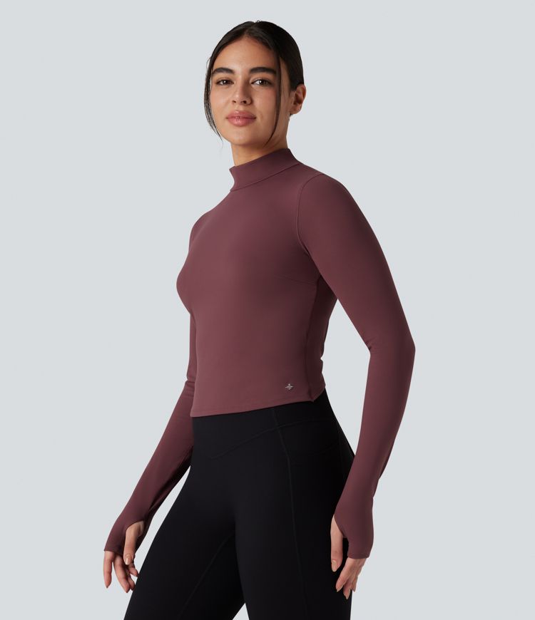 SoftlyZero™ Plush Mock Neck Long Sleeve Thumb Hole Tie Back Yoga Sports Top
