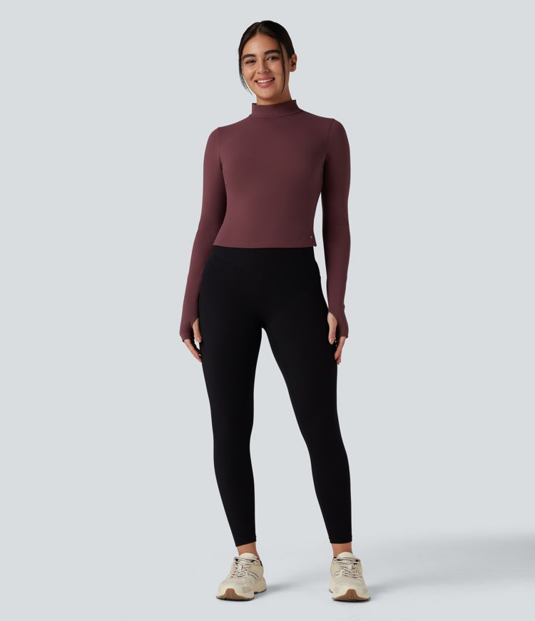 SoftlyZero™ Plush Mock Neck Long Sleeve Thumb Hole Tie Back Yoga Sports Top