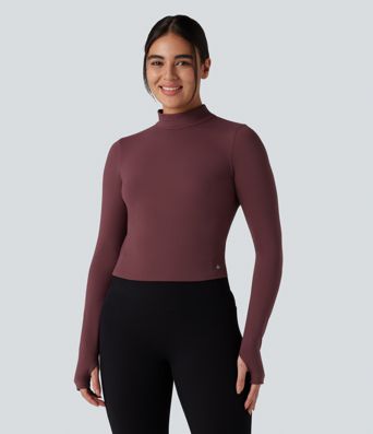 SoftlyZero™ Plush Mock Neck Long Sleeve Thumb Hole Tie Back Yoga Sports Top
