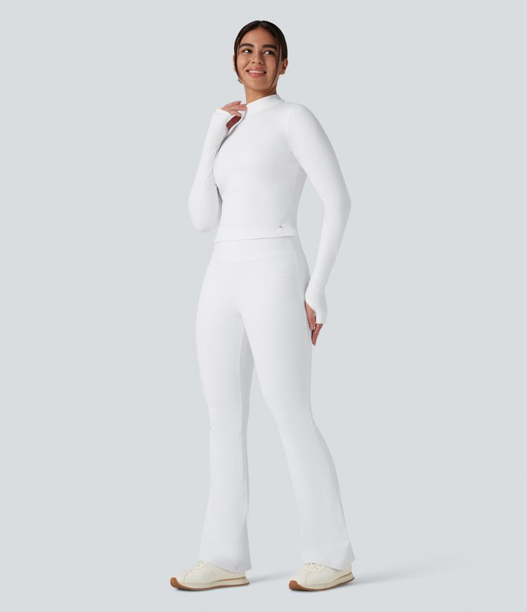 SoftlyZero™ Plush Mock Neck Long Sleeve Thumb Hole Tie Back Yoga Sports Top