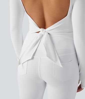 SoftlyZero™ Plush Mock Neck Long Sleeve Thumb Hole Tie Back Yoga Sports Top