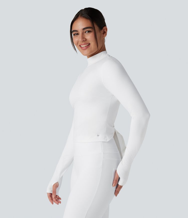 SoftlyZero™ Plush Mock Neck Long Sleeve Thumb Hole Tie Back Yoga Sports Top