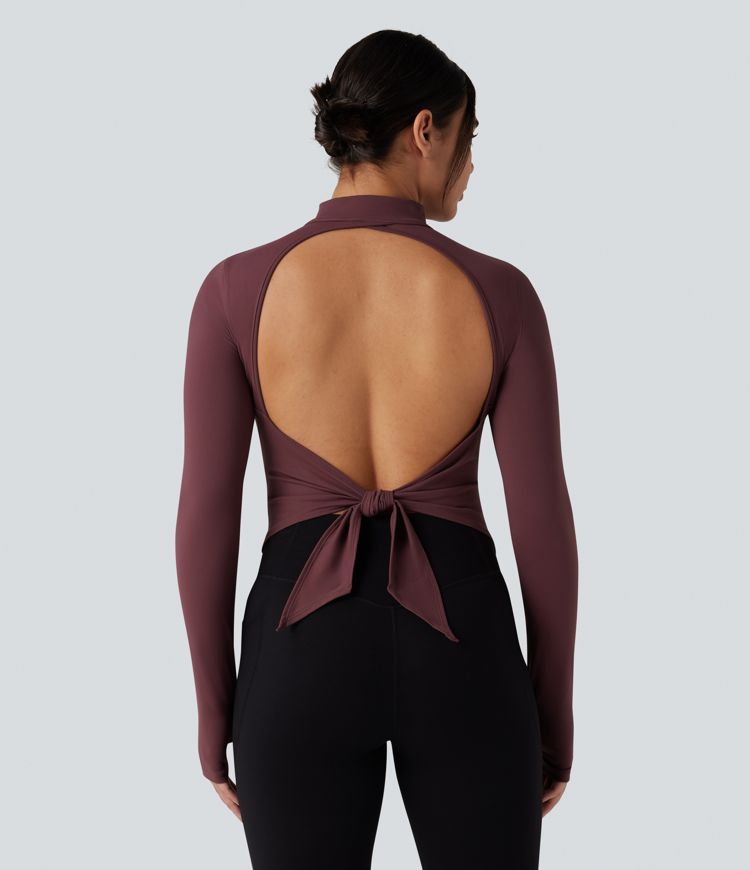 SoftlyZero™ Plush Mock Neck Long Sleeve Thumb Hole Tie Back Yoga Sports Top