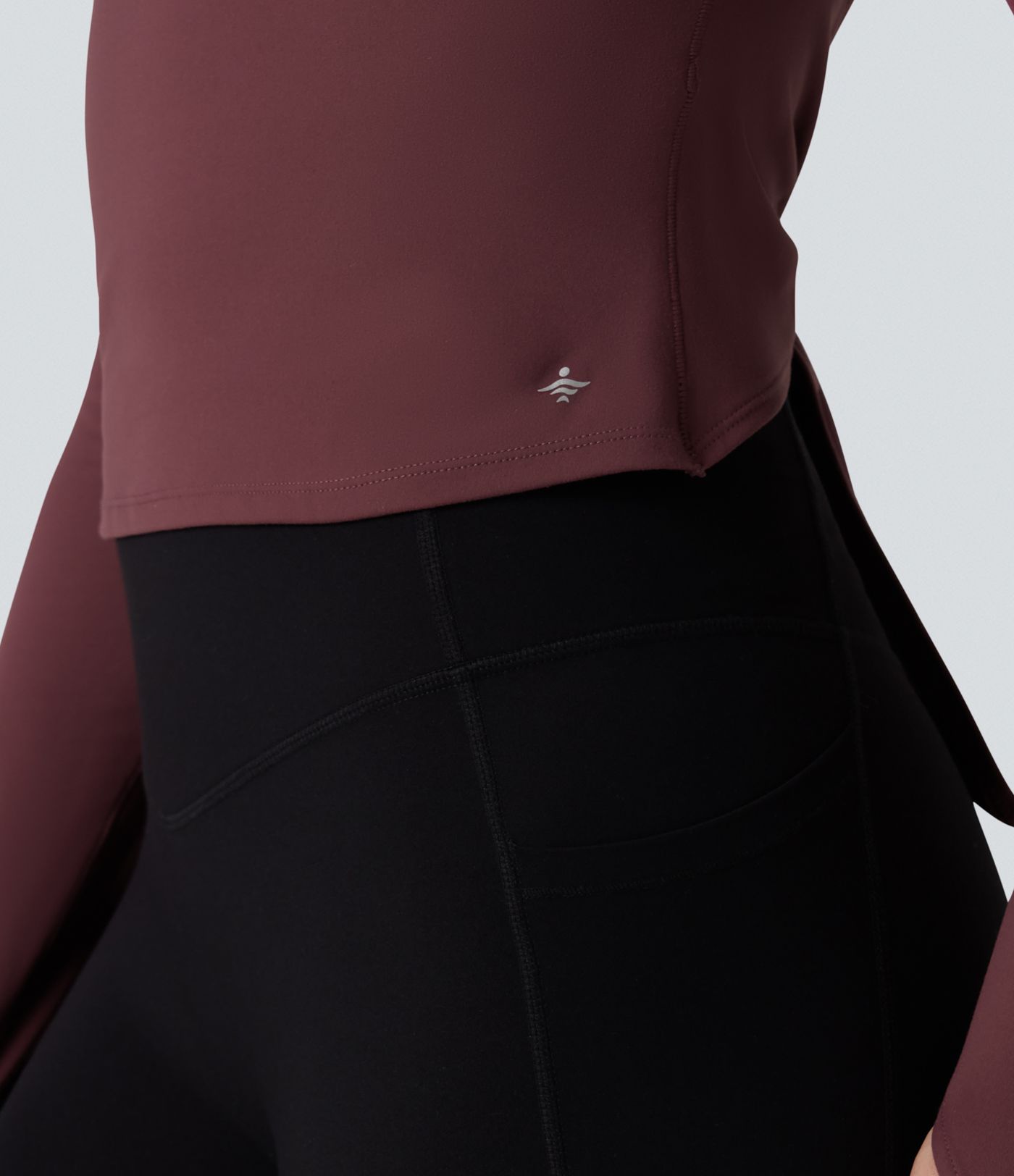 SoftlyZero™ Plush Mock Neck Long Sleeve Thumb Hole Tie Back Yoga Sports Top