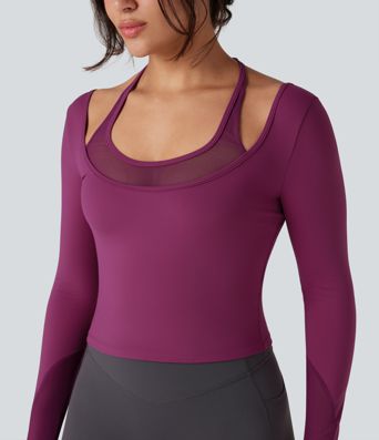 SoftlyZero™ Plush Halter Tie Back Contrast Mesh Long Sleeve Thumb Hole Yoga Sports Top