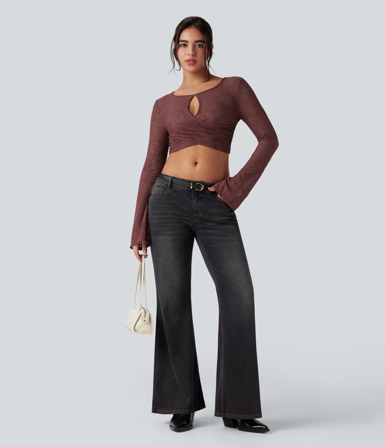 Round Neck Flounce Long Sleeve Lace Cut Out Cropped Casual Top