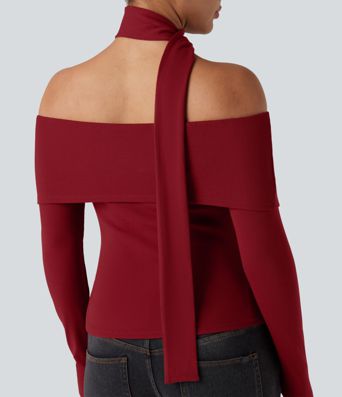 Ribbed Knit Off-shoulder Long Sleeve Built-in Bra Casual Top with Scarf